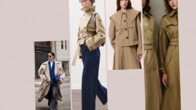 Collage of models showcasing beige trench coats in different styles: belted, oversized, and long silhouettes; street and studio settings visible.