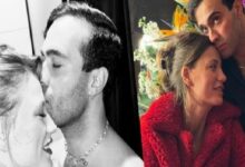 Diptych of a couple: left panel shows a man kissing a woman's temple as she smiles with eyes closed; right panel shows them close together, woman in a red coat with flowers in the background.