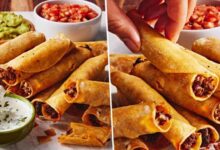 Two-panel image showing crispy taquitos with salsa and guacamole: left panel with taquitos and dipping bowls; right panel a hand lifts a taquito from the stack.