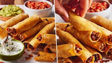 Two-panel image showing crispy taquitos with salsa and guacamole: left panel with taquitos and dipping bowls; right panel a hand lifts a taquito from the stack.