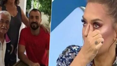 Split image: left shows a man in a red shirt seated with an elderly man and a standing woman outdoors; right shows a woman crying, wiping her eye against a blue backdrop.