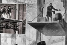 Black-and-white industrial scene with a man on a suspended platform operating a load, while a zoomed inset shows workers near a large pulley mechanism.