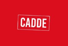 CADDE logo on a red background with a tilted white rectangle framing the bold white word 'CADDE'