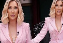 Two images of a blonde woman in a pink blazer with a lapel microphone, posing in a studio setting with dark background.