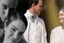 Bride and groom in white formal wear, smiling; collage of their faces in the background.