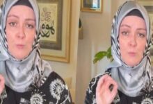 Two side-by-side frames of a woman wearing a patterned hijab speaking to the camera.