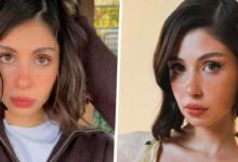 Split-image portrait of a young woman shown in two looks: left with wavy brown hair in a brown jacket, right with shorter dark hair and makeup.