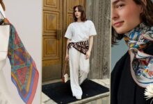 Fashion collage showing three scarf styling looks: left a white dress with a colorful patterned scarf draped over the shoulder, center a woman in white top and wide-leg pants with a zebra-print sash at a doorway, right a close-up of a model wearing a floral scarf tied at the neck and shoulder.